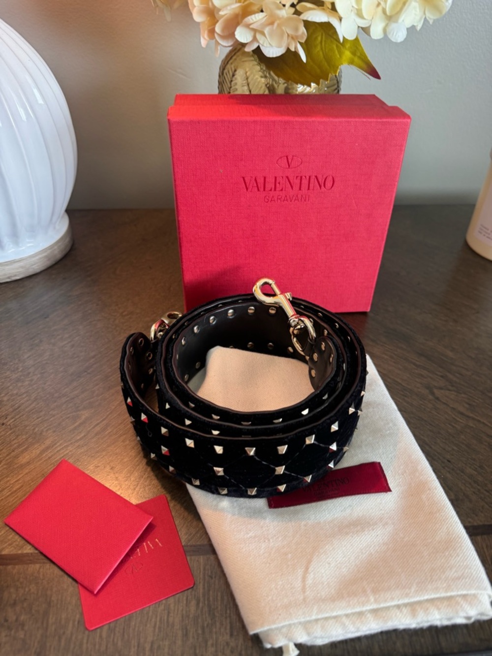 Valentino Garavani Black Velvet Studded Strap with Gold-Tone Hardware